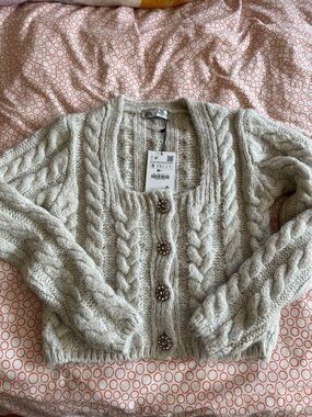 NWT. Zara Cream Cable-Knit Cropped Cardigan with Jeweled Buttons